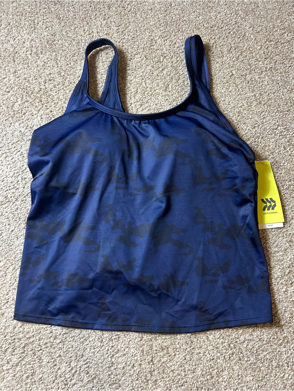 NWT All in Motion Women's Navy Camo Tankini Swim Top Built In Bra UPF Swimwear